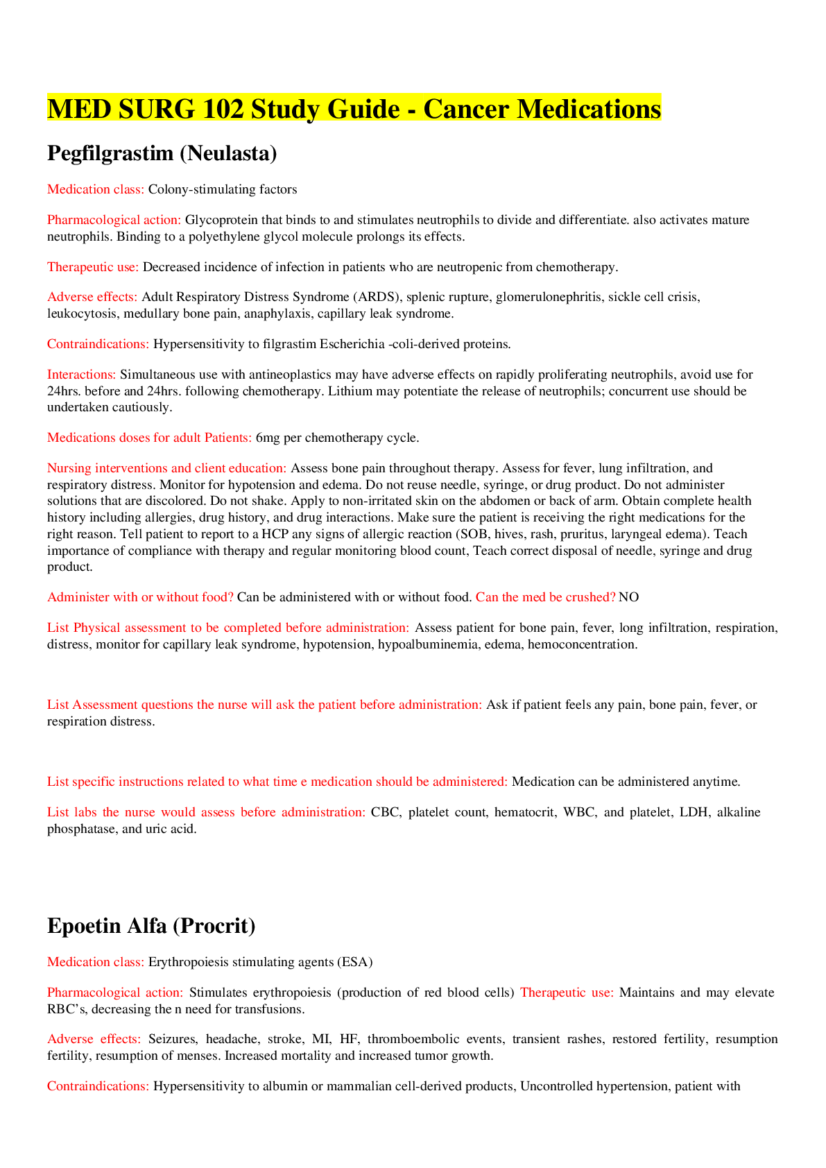 Preview image for MED SURG 102 Study Guide - Cancer Medications